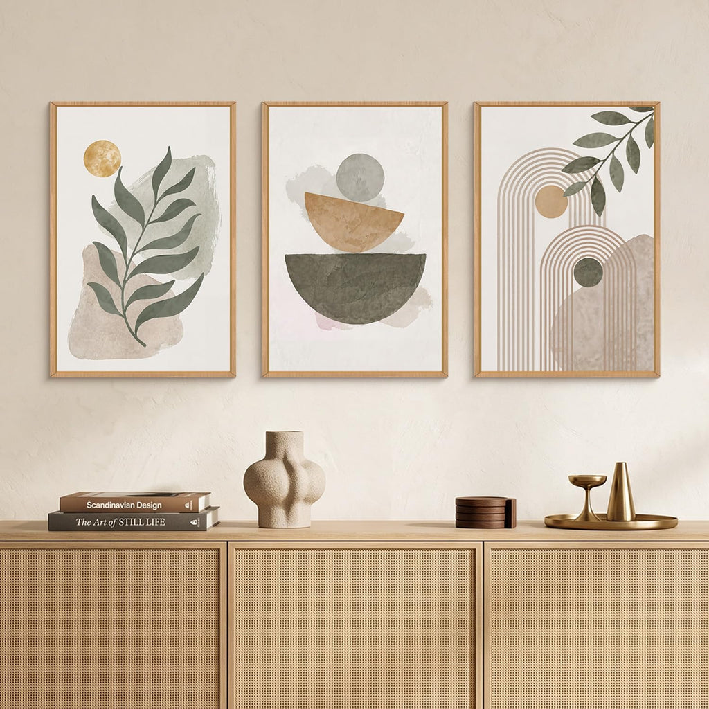 Boho Abstract Framed Canvas Wall Art, Large Modern Geometric Line Wall Decor, Mid Century Botanical Sun Artwork Set of