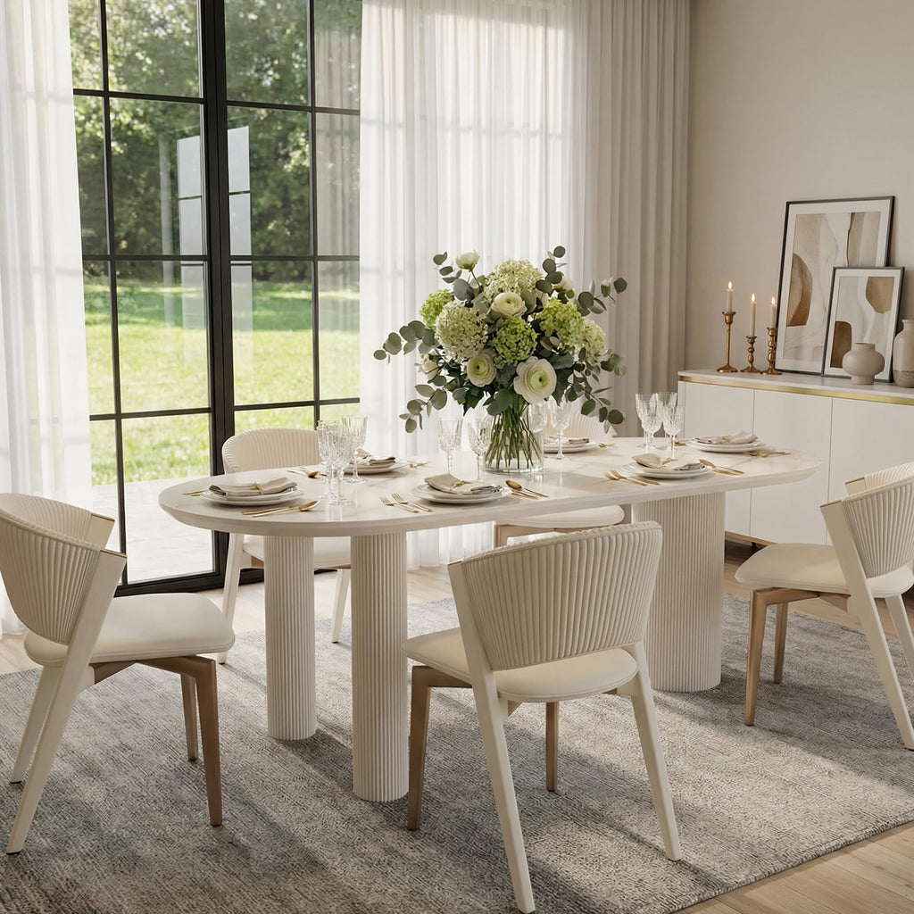 79'' Oval Dining Table for 8-10 People, Scandinavian Wood Dinner Kitchen Table with Sintered Stone Tabletop and
