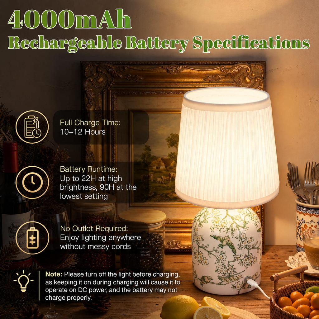 Rechargeable Cordless Small Ceramic Table Lamps Set of 2, Green