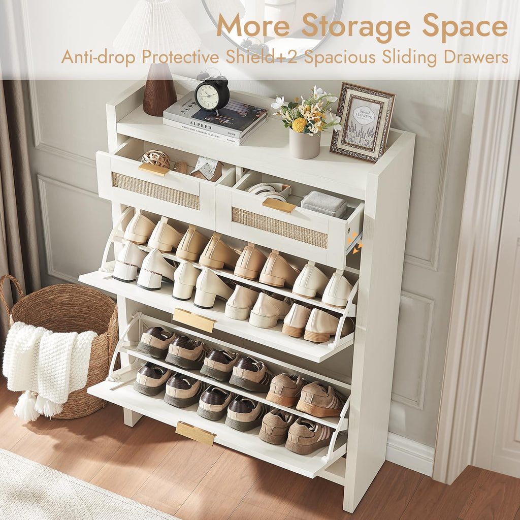 Rattan Shoe Storage Cabinet with 2 Drawers & 2 Flip Drawers