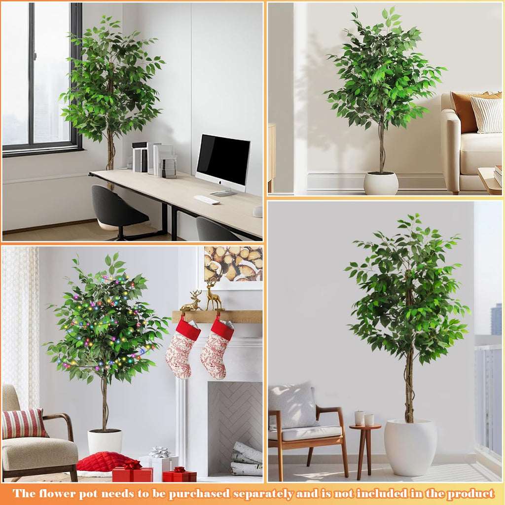 Indoor Artificial Ficus Tree, 5FT Tall Faux Ficus Tree, Artificial Plant with Natural Wood Trunk Decoration (1 Pack)