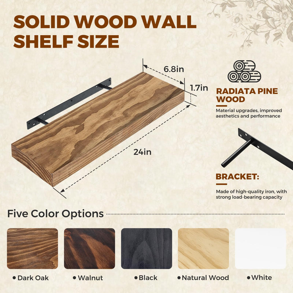 24x6.8x1.7in Solid Wood Floating Wall Shelf Set of 2 Oak Finish