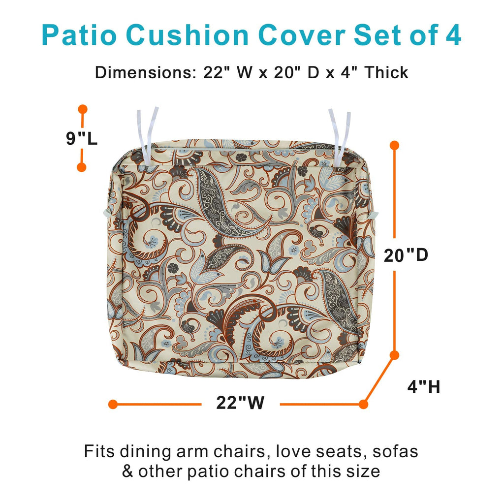 Patio Outdoor Chair Seat Cushion Covers Set 4 Water Repellent Cushion Slipcover with Zipper and Tie, Replacement