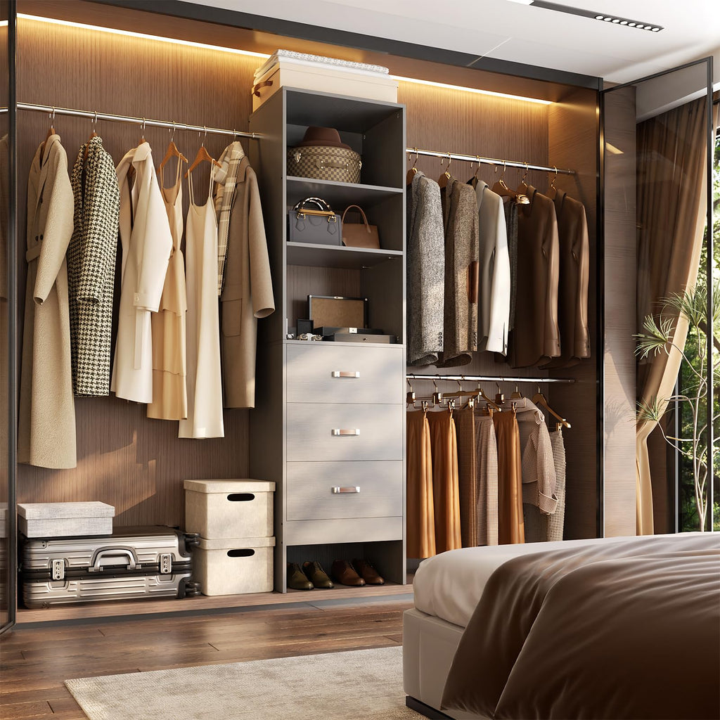 96'' Closet Organizer System with 3 Hanging Rods, 8FT Closet Organizers and Storage with 3 Wooden Drawers, Built in
