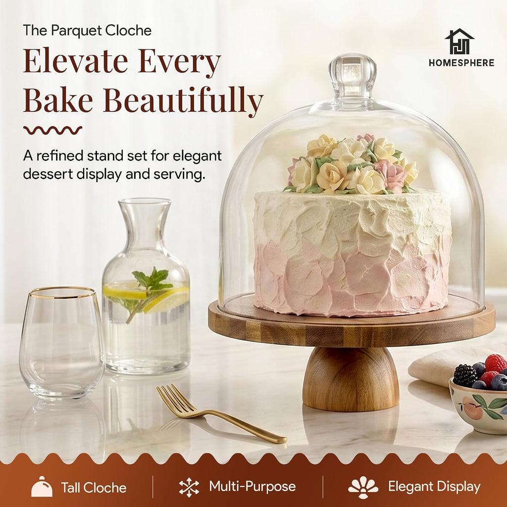 High Dome Acacia Wood Cake Stand with Lid - 12 in Round Cake Holder with Tall Acrylic Cloche Cover, 2in1 Dessert