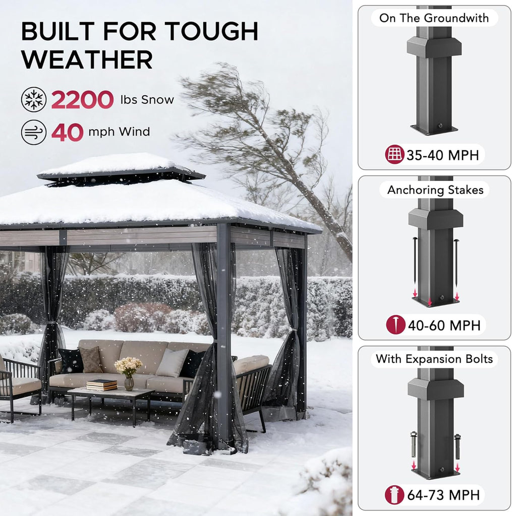 10x12 Hardtop Gazebo with Heavy-Duty Galvanized Steel Double Roof, Mosquito Netting & Woodgrain Finish Beams
