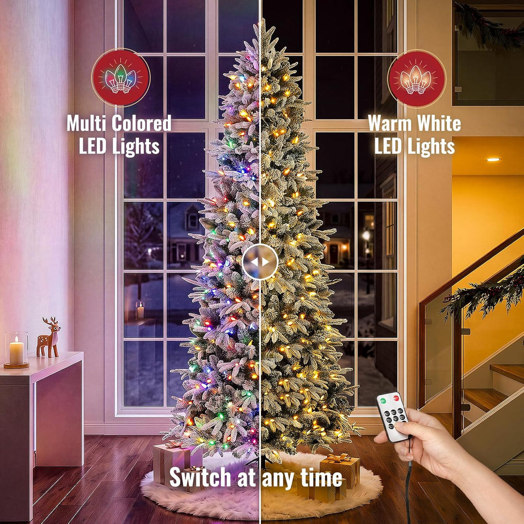 Pre-Lit Slim Christmas Tree with Remote & Color/Warm White 500 LED Lights, 2300 PE/PVC Tips, Snow Flocked