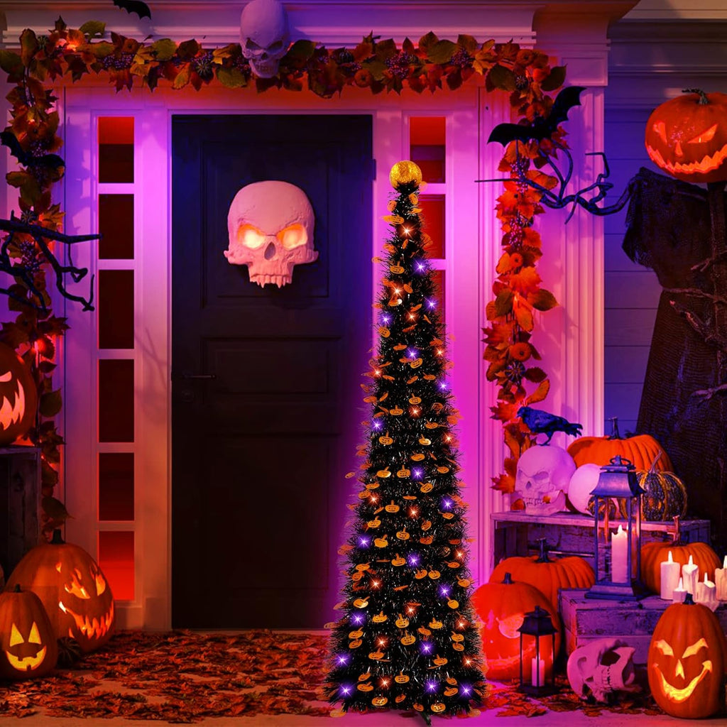 5Ft Black Tinsel Halloween Tree with Lights Halloween Decorations