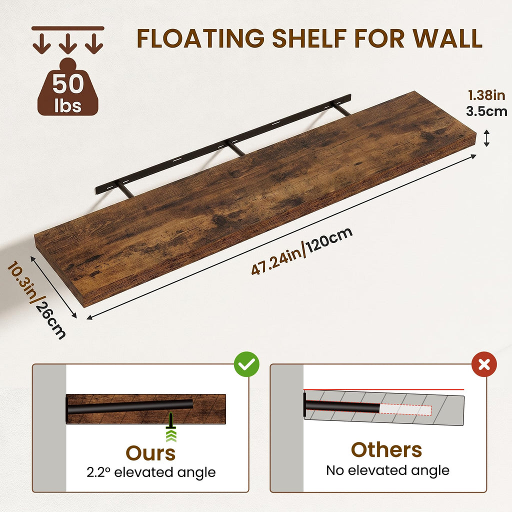 Floating Shelves for Wall 10 Inch Deep, 48 Inch Width Wall Mounted Storage and Display Set of 2 (Retro Brown)
