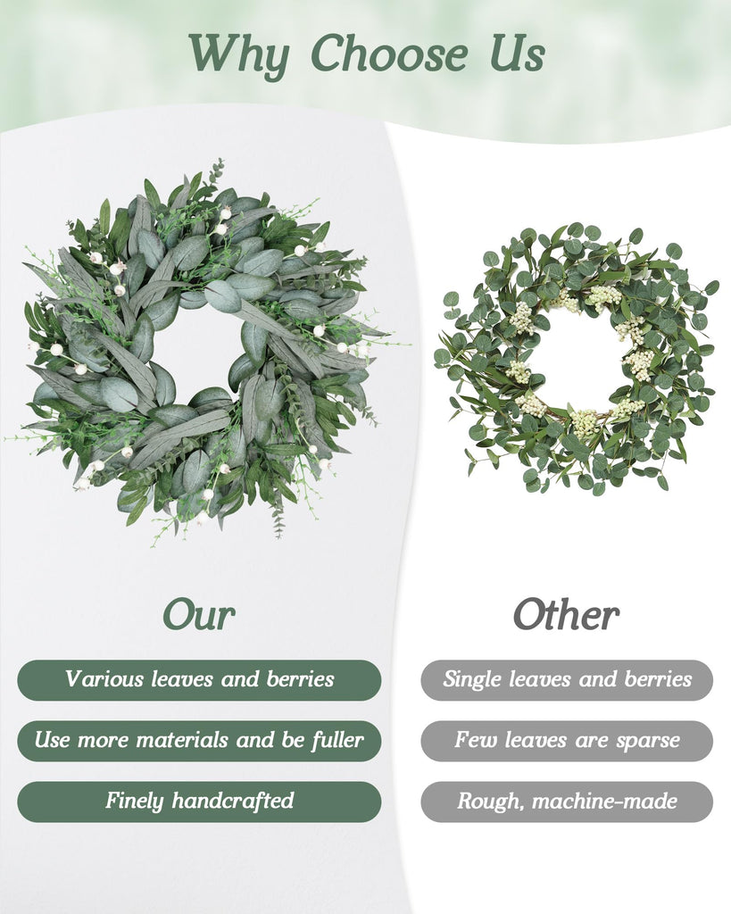 24 Inch Summer Wreath for Front Door, Artificial Outdoor Eucalyptus Wreath, Spring Green Wreaths for Front Door