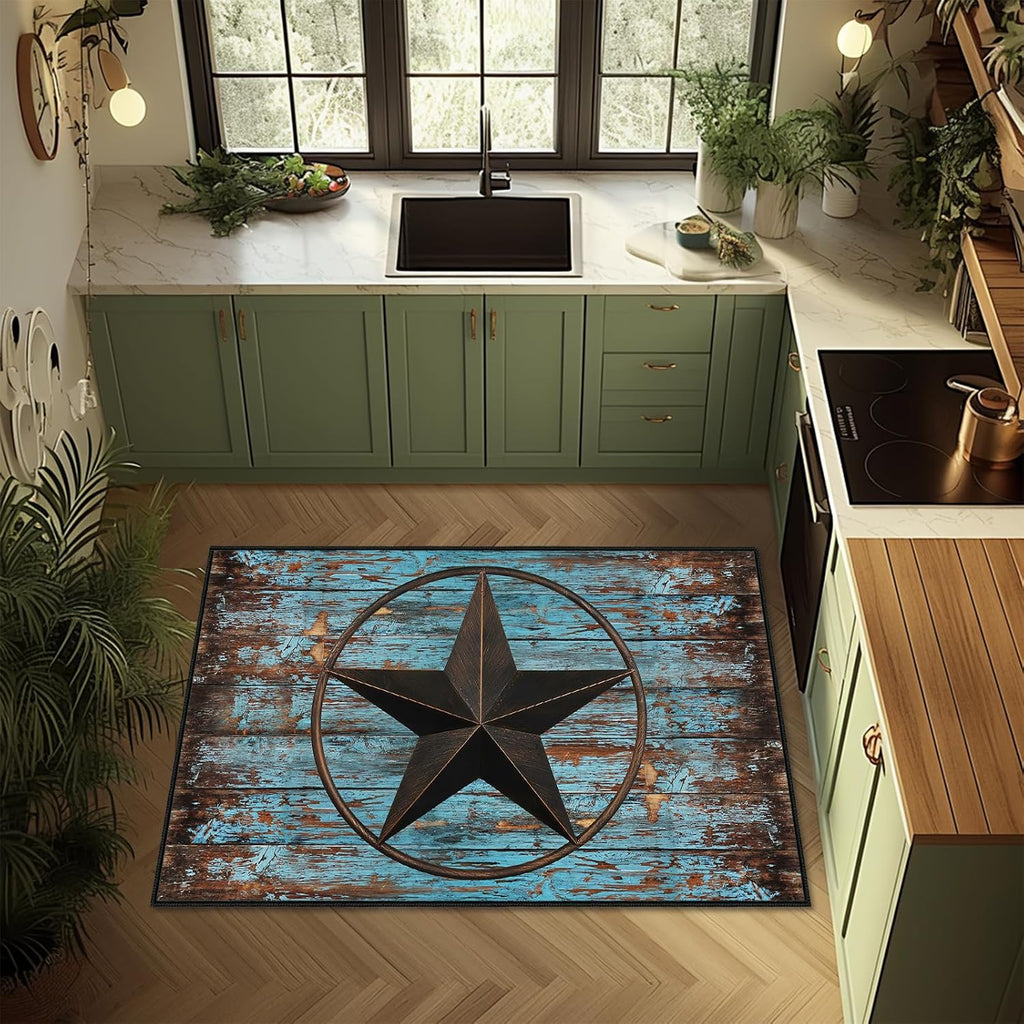 Western Area Rug,Rustic Barn Texas Star on Old Wooden Plank,Ultra-Thin Washable Throw Carpet Teal Rugs Indoor