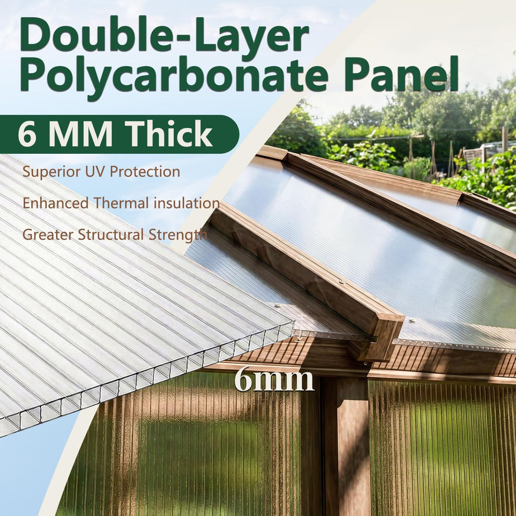 6x12 FT Greenhouse for Outdoors Cedar Wood Green House with 6MM Polycarbonate Panel & Adjustable Vents Walk in
