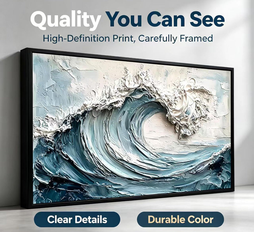 Large Abstract Textured Wave Wall Art, Blue Ocean Canvas Painting