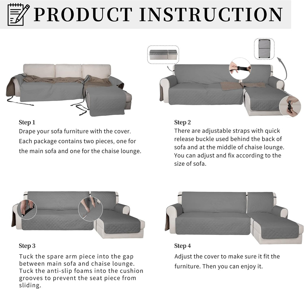 Waterproof L-Shape Sectional Cover, 2-Piece with Chaise, Large | Non-slip 2-piece Design, Chaise Lounge Protector