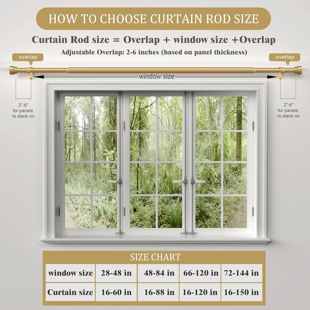 Gold Heavy Duty Curtain Rods for Windows 66 to 120 Inches Adjustable Length 1" Diameter Brass Curtain Rod with Modern