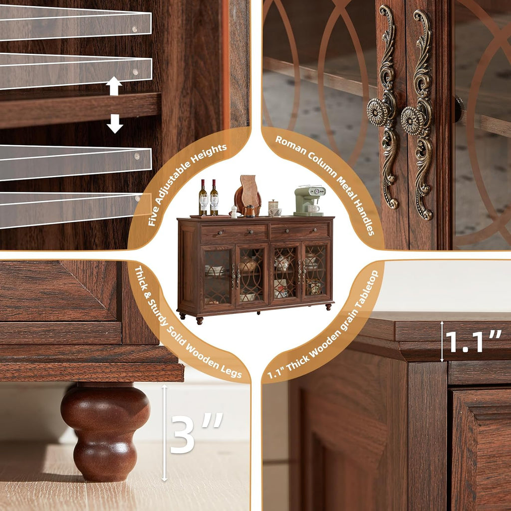 Farmhouse Sideboard Buffet Cabinet with Storage,59" Large Credenza with 4 Glass Doors & 2 Drawers,Adjustable Shelves