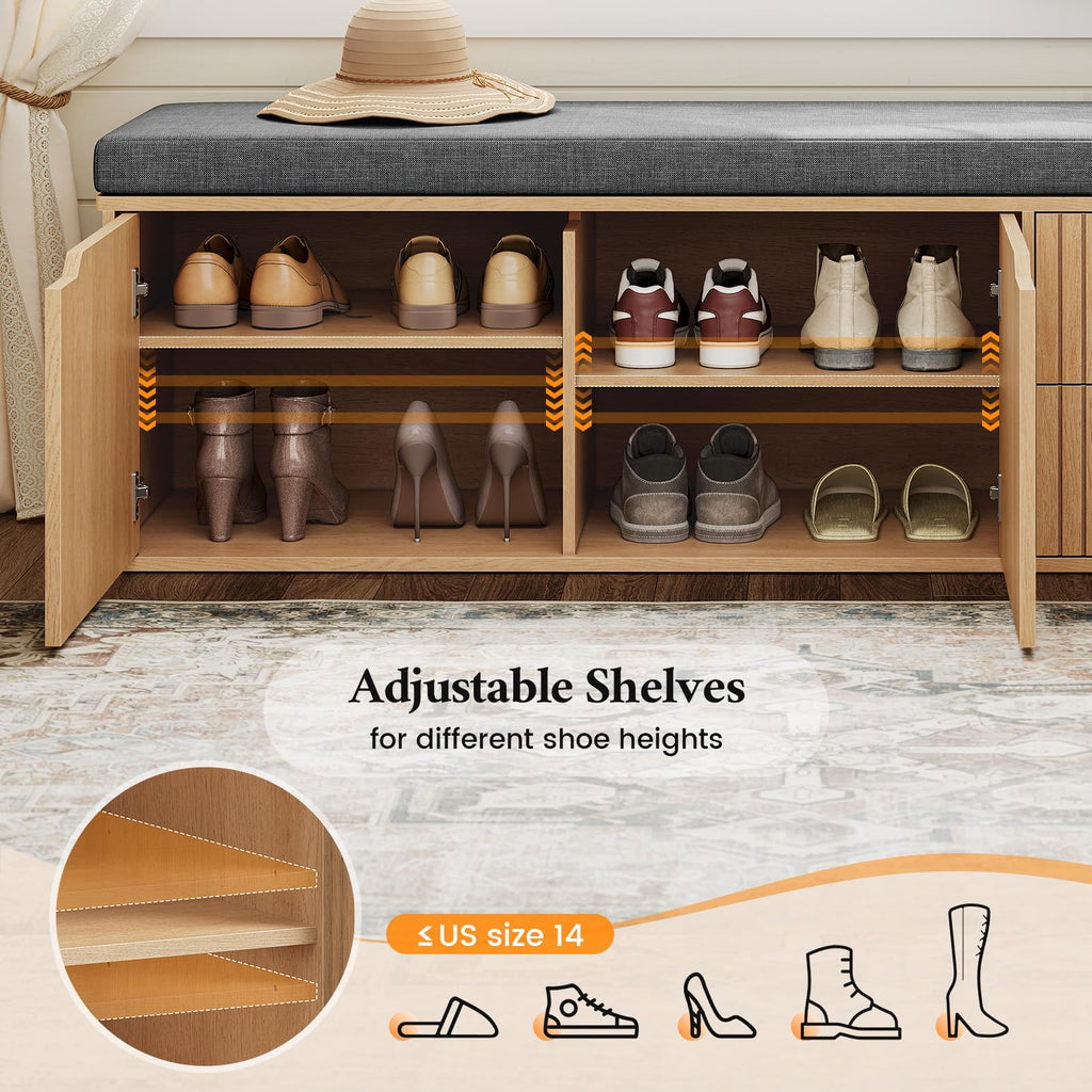 59" Storage Bench with Drawer, 2-Tier Shoe Bench with Storage, Long Entryway Bench, Thickened Cushion, Adjustable