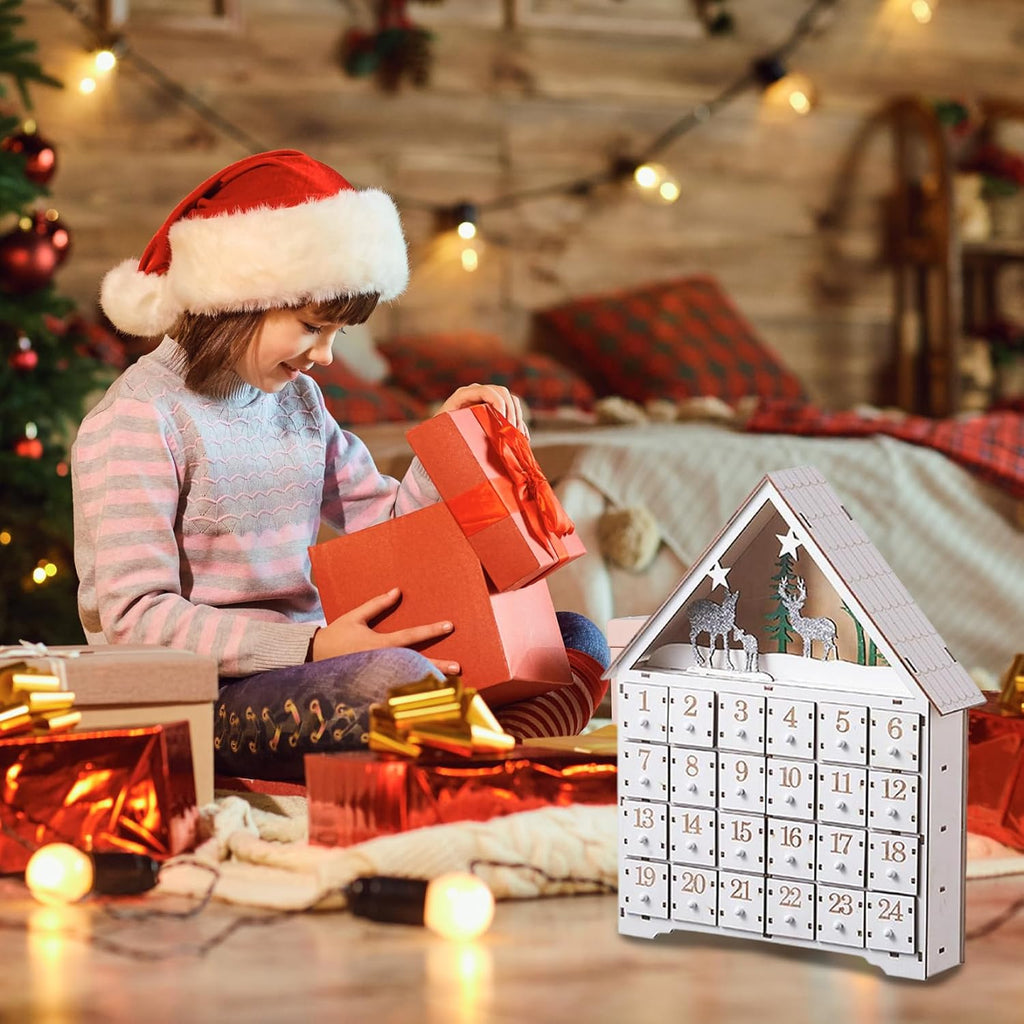 Wooden Advent Calendar with Drawers and LED Lights 24 Days Countdown Empty Advent Calendars to Fill for Christmas