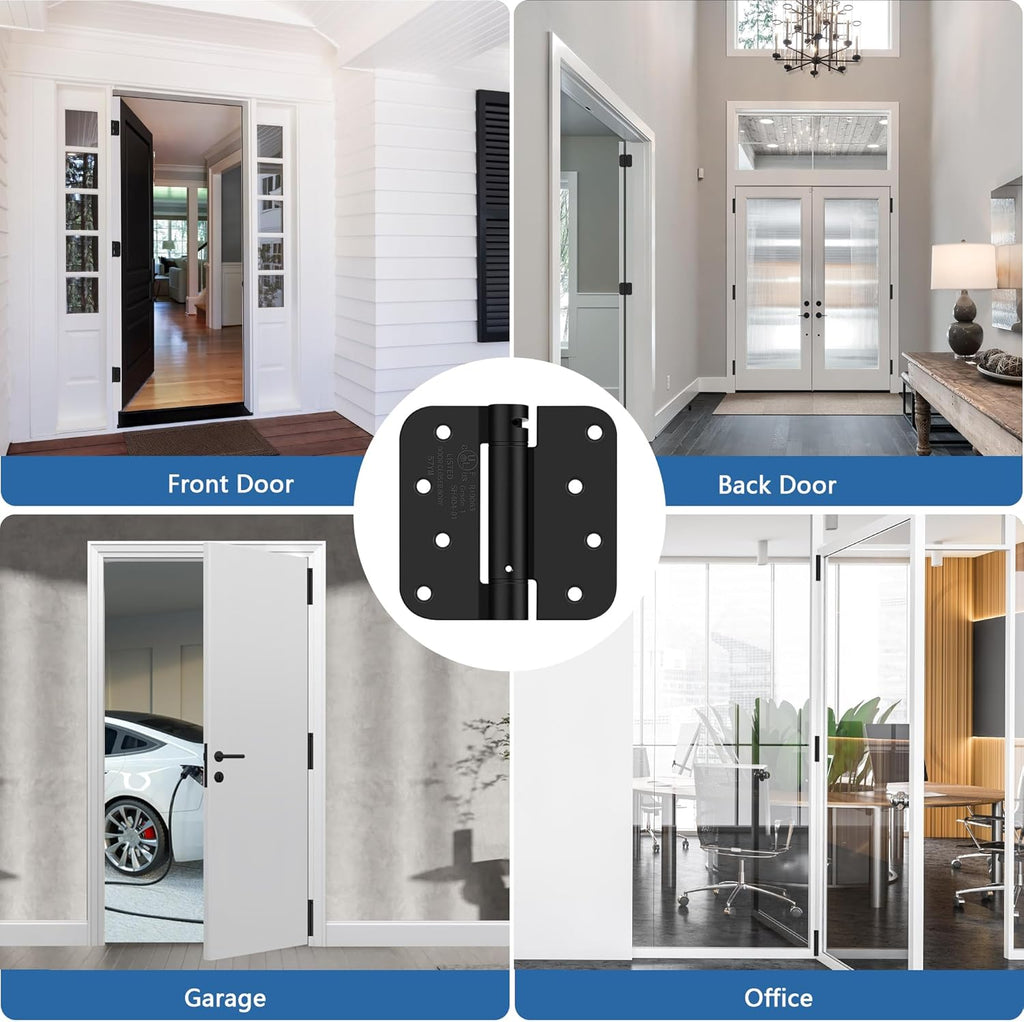 4 Inch Self Closing Door Hinges, 5/8" Radius Corners Spring Loaded Hinges , Garage, Front and Back Door, UL Listed