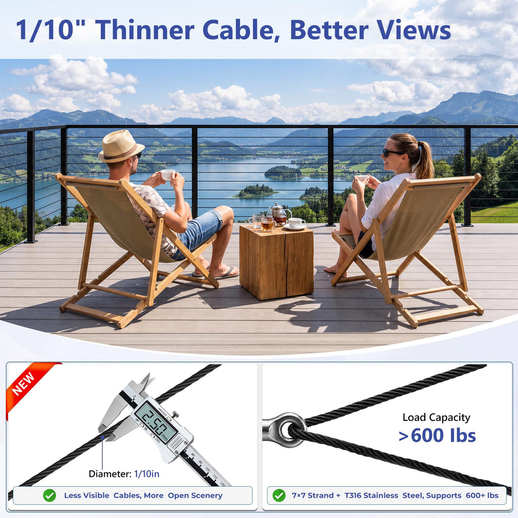 12-16ft Modular 36" Swageless Cable Railing System with Handrail