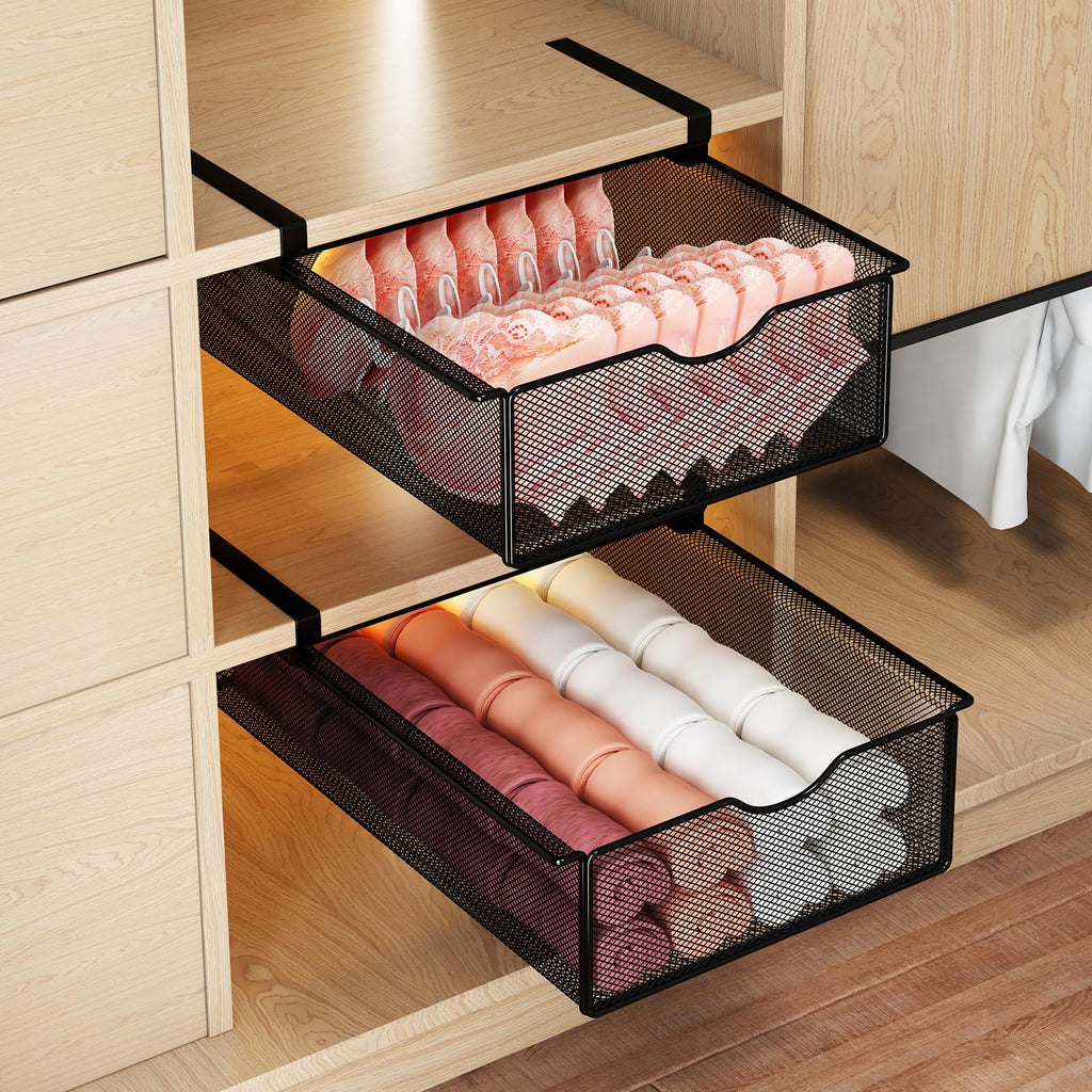 2 Pack Underwear Sock Drawer Organizer Set, Pull-Out Storage Baskets for Bra & Clothing, Closet & Dorm Room