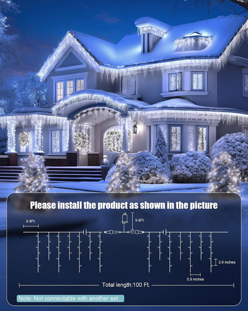 100Ft Icicle Lights for Outside, 832 LED White Christmas Lights with 156 Drops, Remote, Timer, Outdoor Christmas
