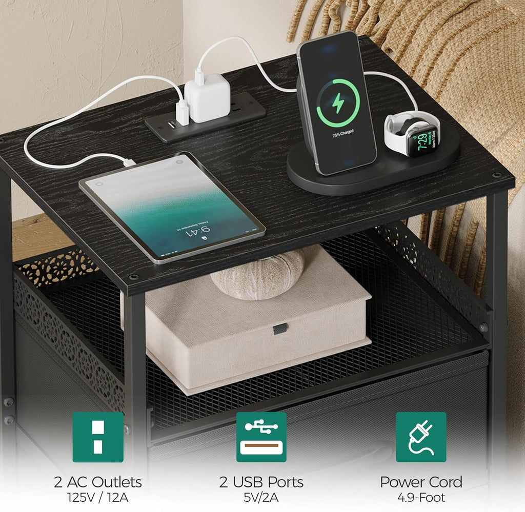 Night Stand Set 2 with Charging Station, 3 Drawer Nightstands with LED Lights, End Table with Outlets and USB Ports