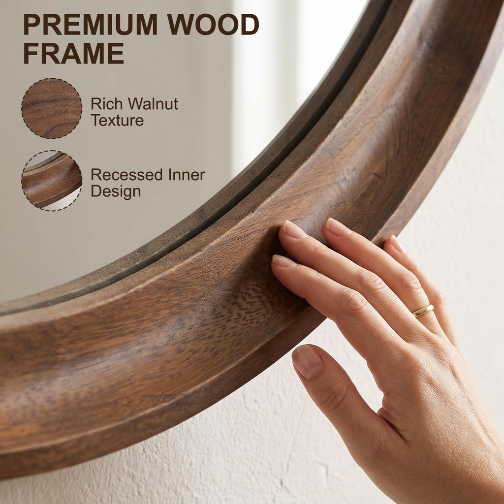 Round Wood Mirror, 26" Circle Mirrors for Wall Decor, Walnut Brown