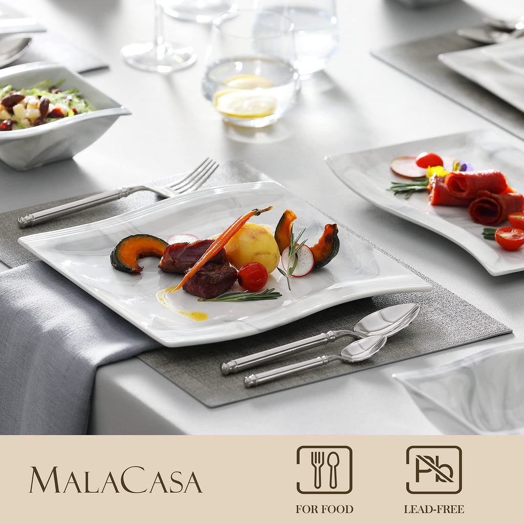 26-Piece Marble Grey Square Dinnerware Sets, Flora Porcelain Dinner Set for 6, Service for 6, Microwave & Dishwasher