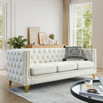Chesterfield Sofa, Velvet 3 Seater Modern Couch with Button Tufted & Nailhead Trim, Upholstered Deep Seat Couch