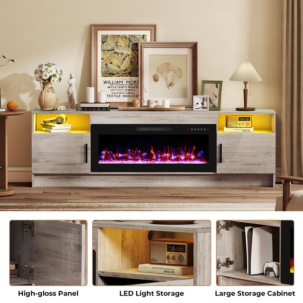 70" Fireplace TV Stand for TVs Up to 80", LED Light Media Console with 36" Electric Heater, Storage Cabinet
