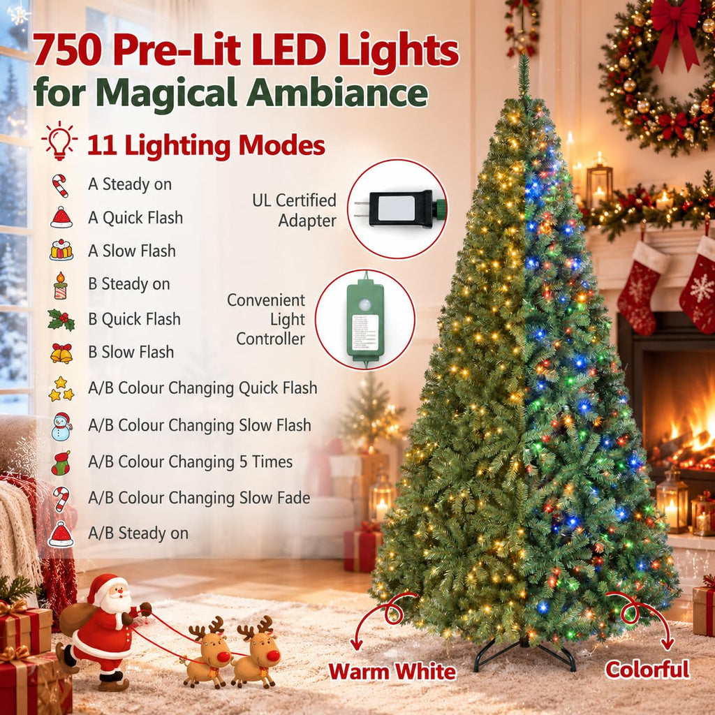 8FT Pre-lit Artificial Christmas Tree w/750 LED Lights, Easy Setup