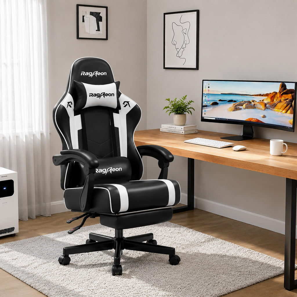 Video Gaming Chair for Adults with Footrest, Ergonomic PC Chair, Arctic White