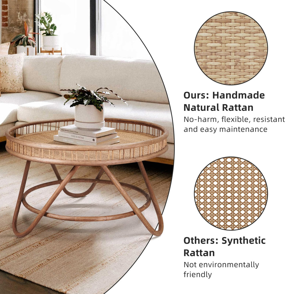 Boho Rattan Coffee Table Round, Handwoven Modern Style Round Wicker Coffee Table, 32x18 '' Brown
