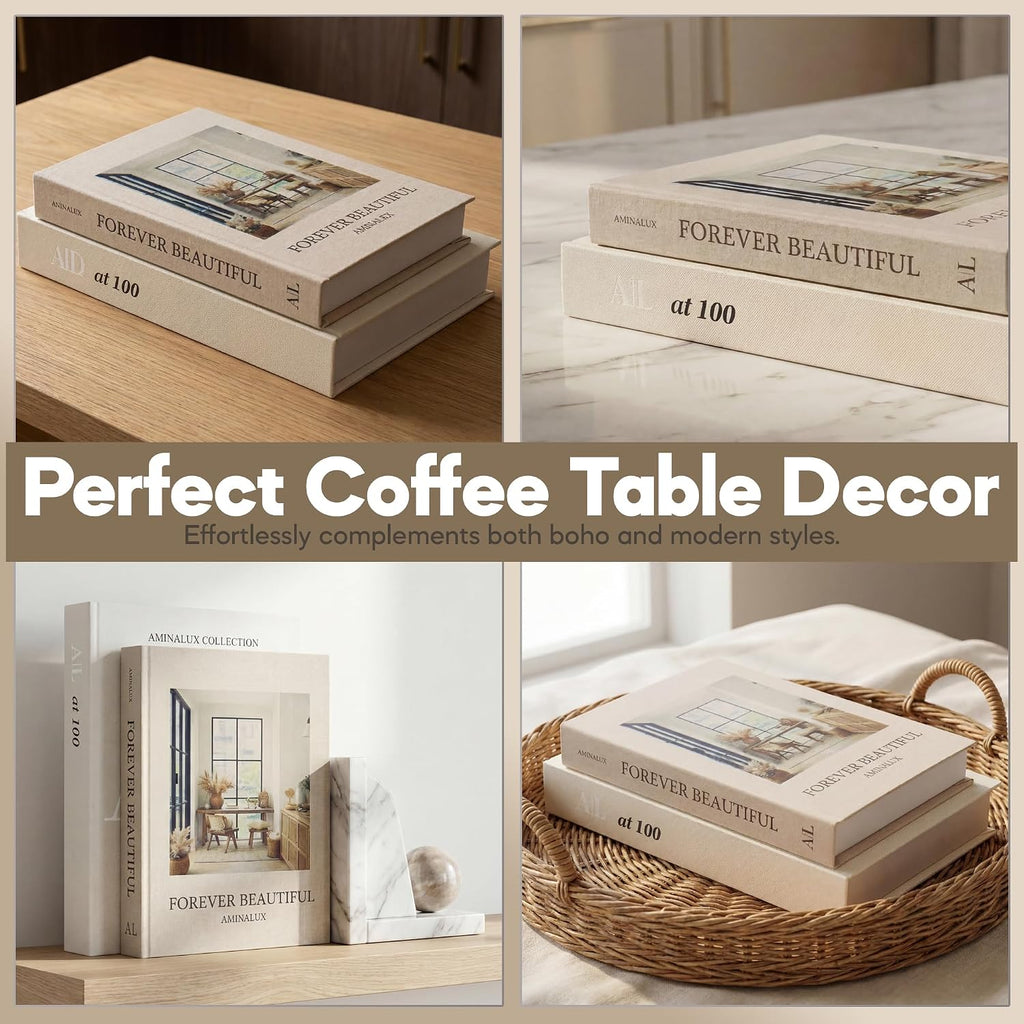 Decorative Books Decor with Storage - Set of 2 Faux Linen Book Boxes with Aesthetic Covers - Enhance Your Coffee