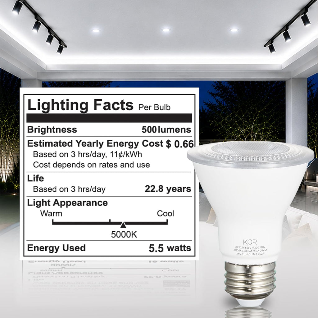5.5W PAR20 LED Flood Bulb, Dimmable, E26 Base, 5000K Daylight, 6-Pack