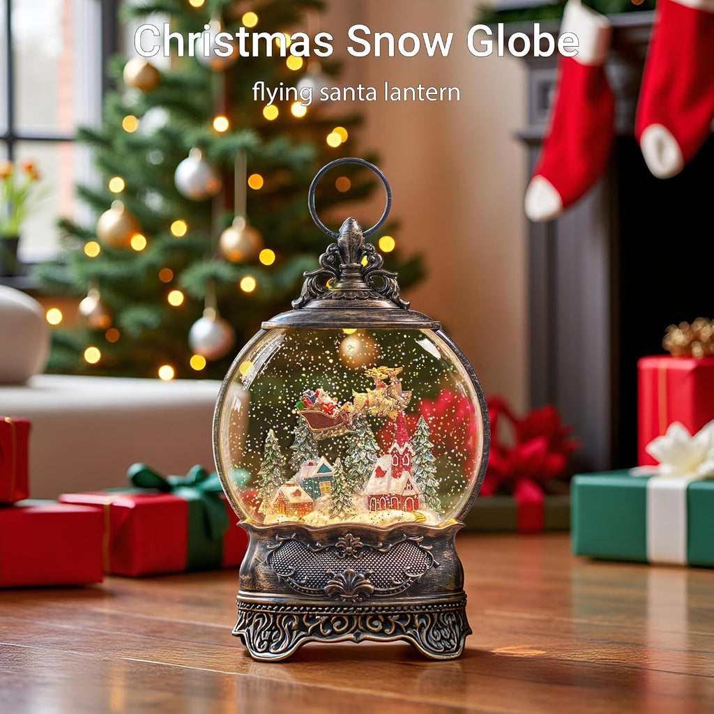 Christmas Snow Globe Lantern with Santa Claus Flying Reindeer, Lighted Swirling Glittering Snow Globes with Music &