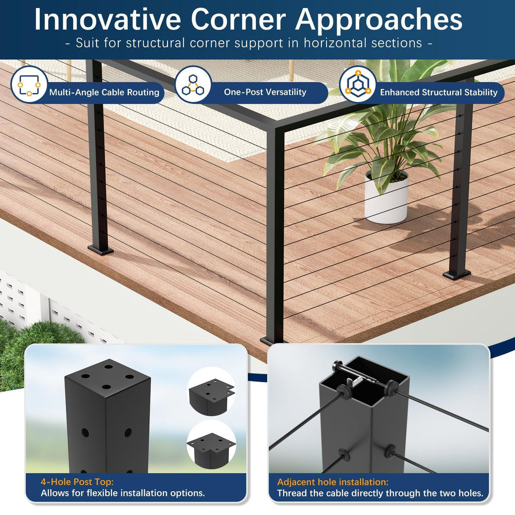 36" Black Cable Railing Corner Post, T-Drilled Three-Side Deck Post