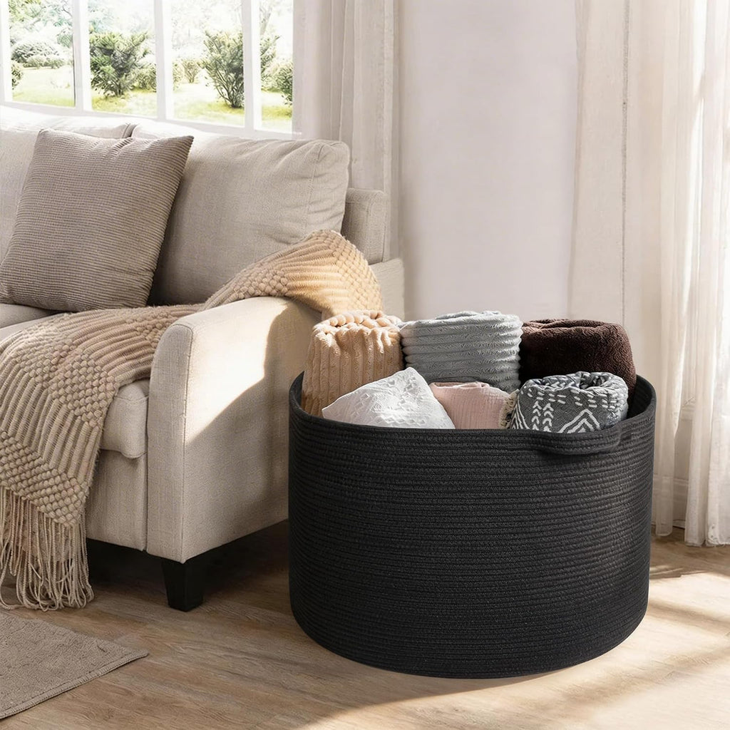 Large Black Blanket Basket, 22" X 22" X 14" Woven Rope Bin for Storage, Kids Dog Toy Storage Box Organizer Bins