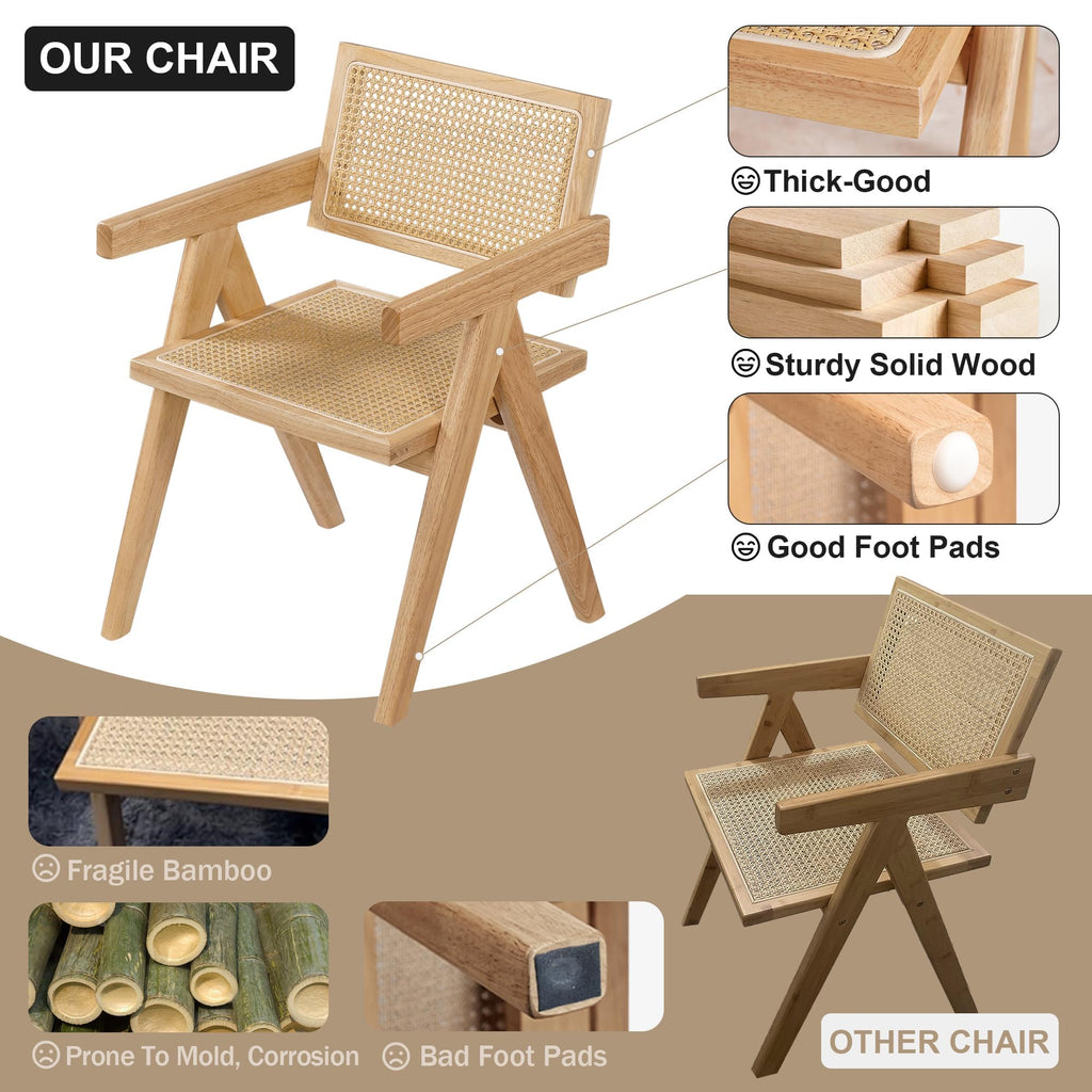Cane Dining Chair with Arms Set of 4, Solid Wood Tone Frame