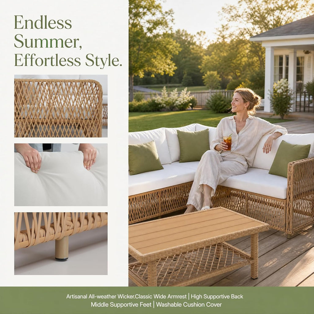 Patio Furniture Set with Waterproof Cover & Water Resistant Fabric | 6 Seats Wicker Outdoor Sectional Furniture Set
