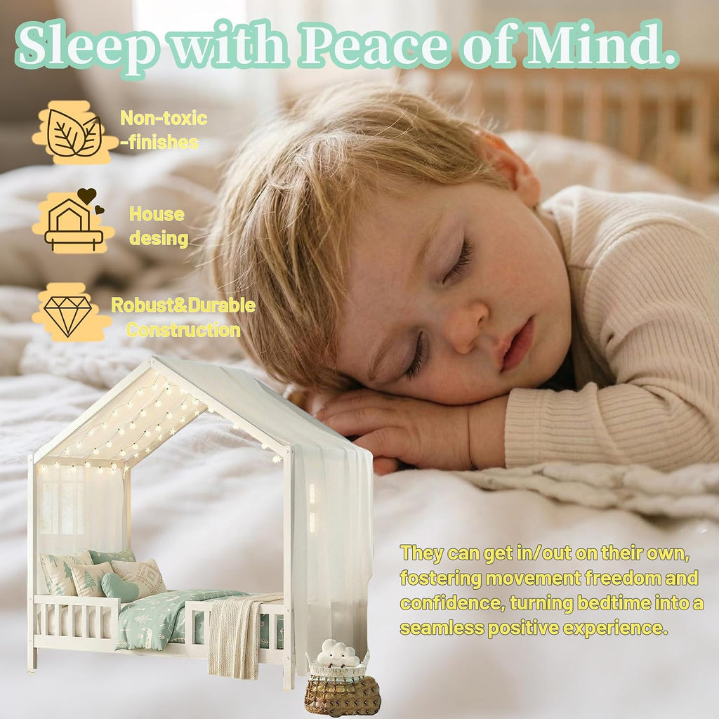 Tw Bed for Kids with High Rails, Montessori Floor Bed Twin with Roof & Canopy, Wood House Beds Frame for Boys Girls
