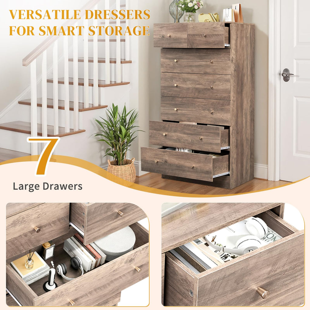 Grey 7 Drawer Tall, Rustic Wood Bedroom Dressers