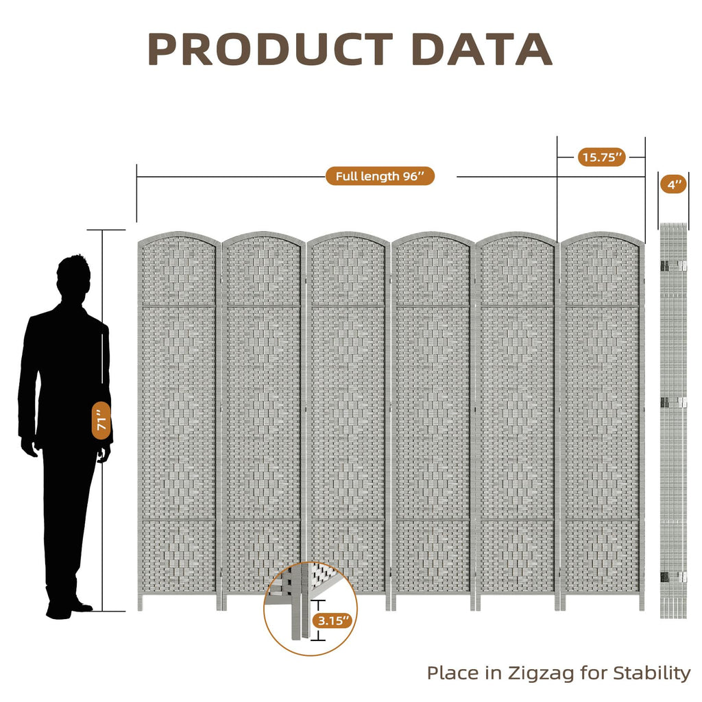 Room Divider Panel, 6 Panel Partition Room Dividers Screen, Grey