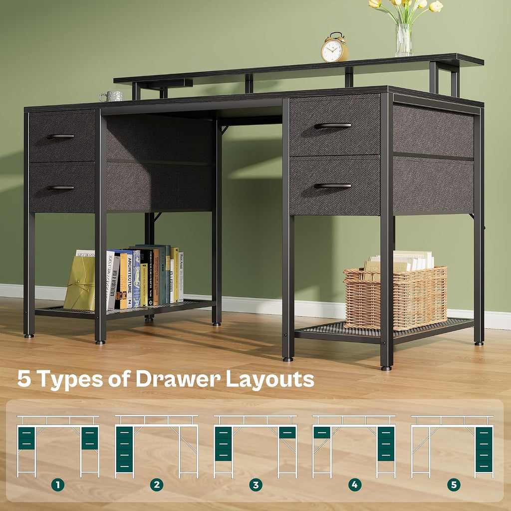 55 inch Computer Desk with Power Outlets & 4 Drawers | Gaming Desk with LED Lights, Home Office Desk with Large