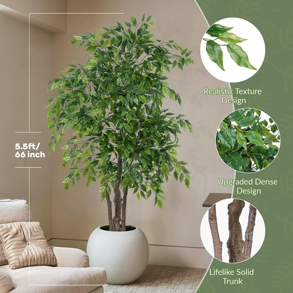 Ficus Tree Artificial with Triple Trunks, 5.5ft Fake Ficus Tree in Black Pot, Tall Artificial Tree Potted Plant
