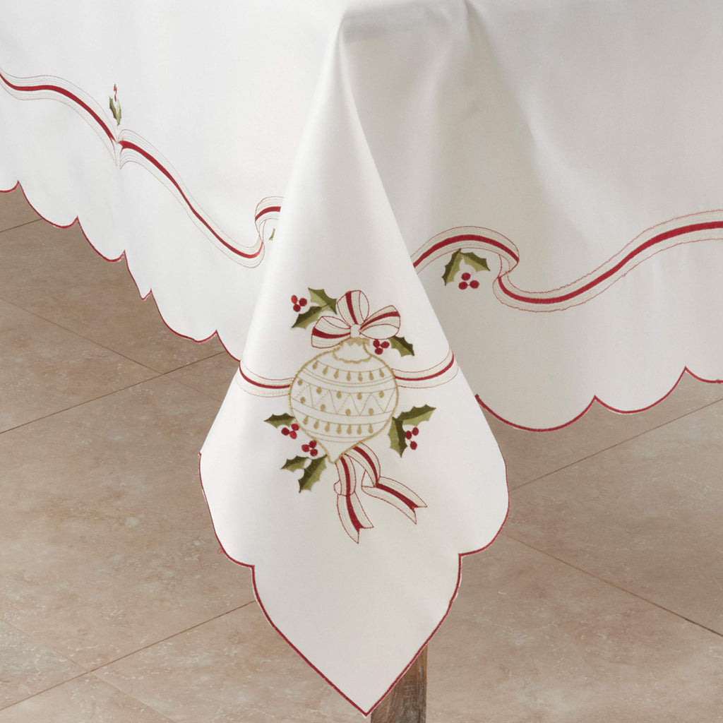 8532.I65140B Holiday Ornamental Collection Embroidered Christmas Tablecloth, 65" x 140", Ivory