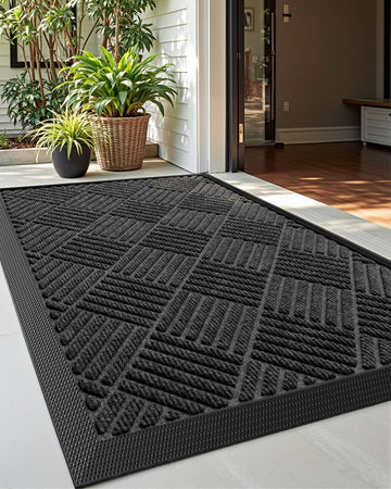Front Door Mat Outside Entrance 24x36 Rubber Entry Doormat Black | Heavy Duty, Welcome Mats Non Slip, Dirt Trapper