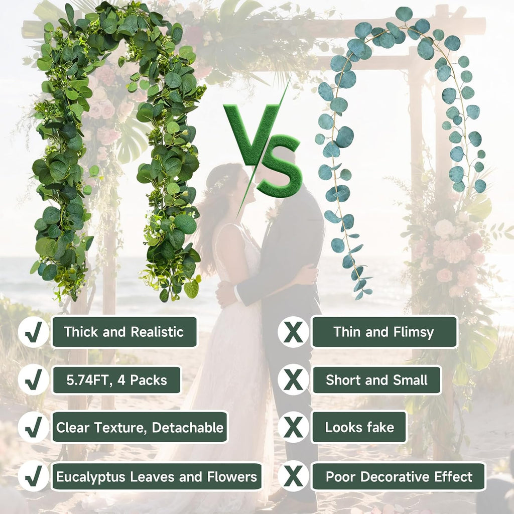 4 Packs 5.74 Ft Artificial Eucalyptus Garland Leaves with Flowers Artificial Fake Greenery Hanging Vines for Wedding