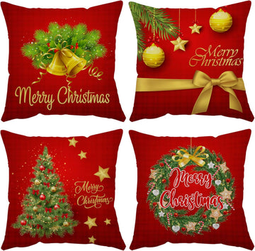 Merry Christmas Pillow Covers 18x18 Velvet Christmas Pillow Cases Red Green Xmas Winter Holiday Throw Pillow - Set of 4